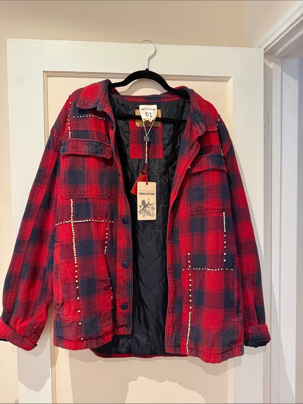 Semicouture NWT Oversized Embellished Flannel Shacket Lined Jacket Red 40/ Small